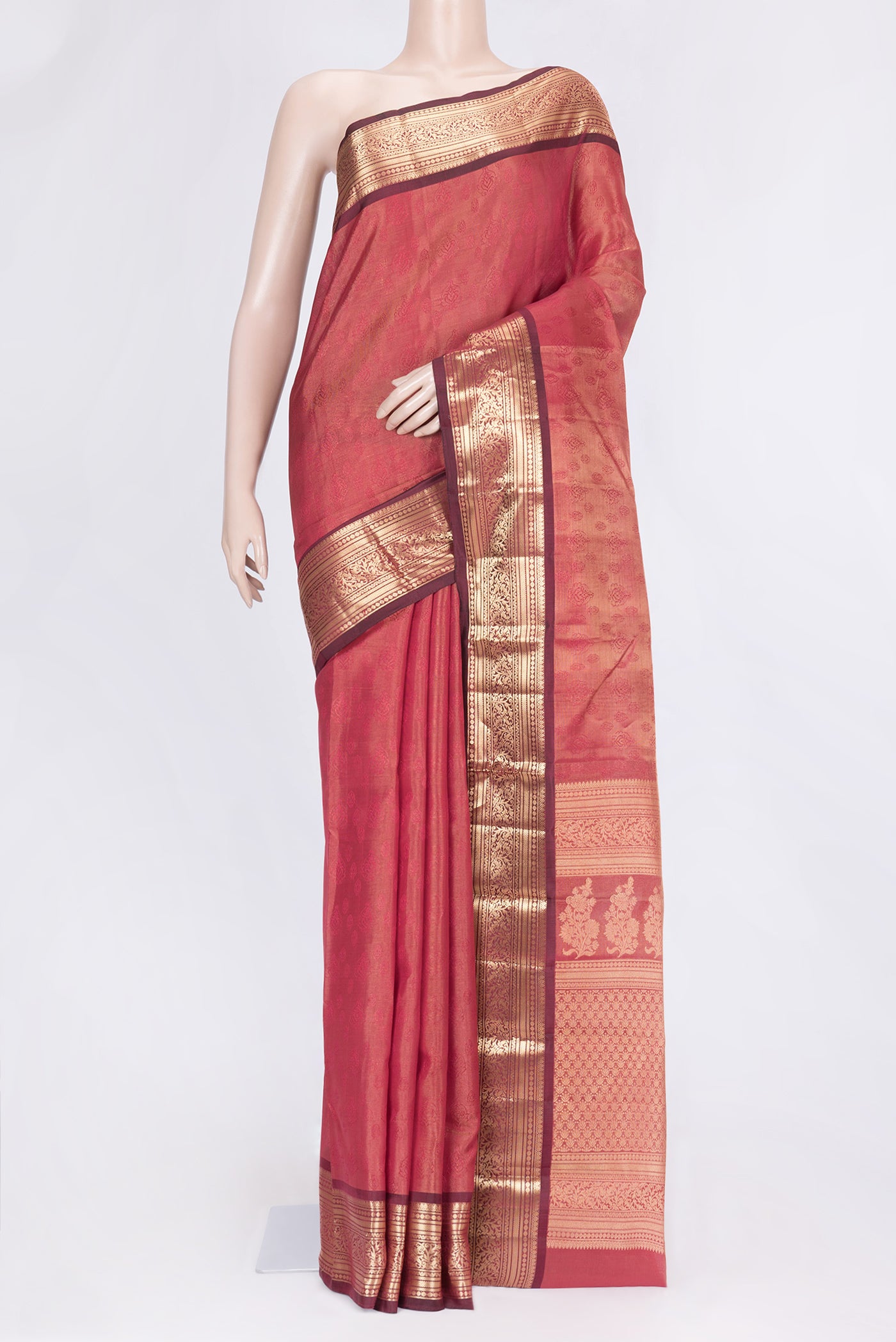 Maroon Dual Tone Kanchipuram Silk Saree with Jacquard design on the body and Zari Border.  displayed on a mannequin