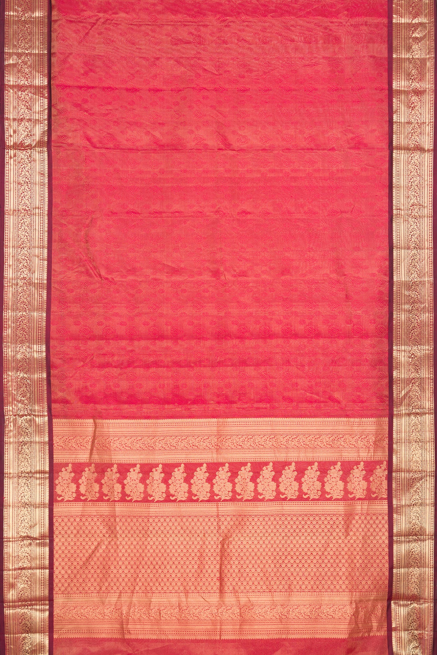 Flat view of Maroon Dual Tone Kanchipuram Silk Saree with Jacquard design on the body and Zari Border. 