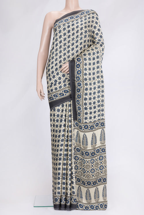 Beige Dual Tone Blended Satin Crepe Saree with Printed design on the body and Printed Border.  displayed on a mannequin