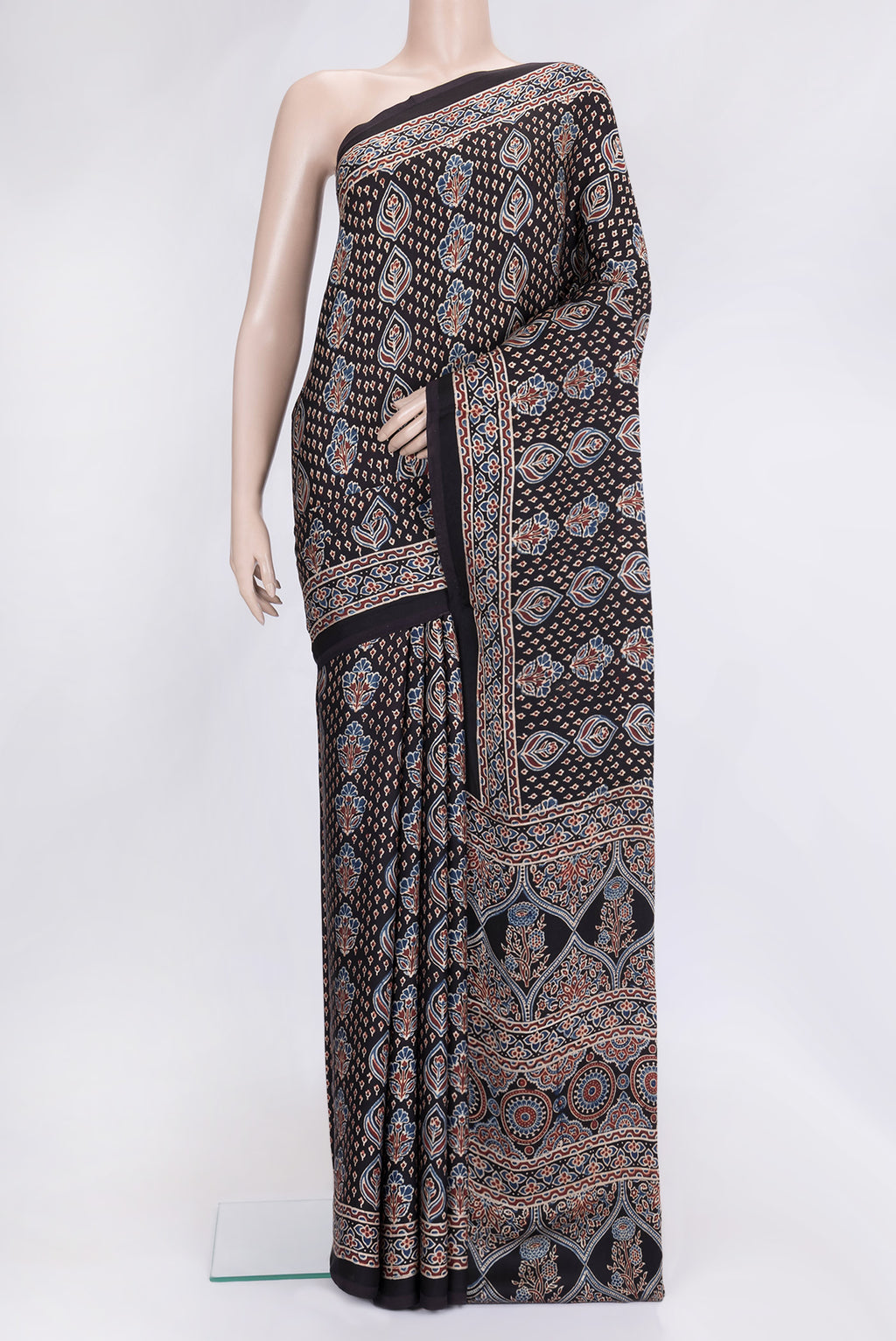 Brown Dual Tone Blended Satin Crepe Saree with Printed design on the body and Printed Border.  displayed on a mannequin