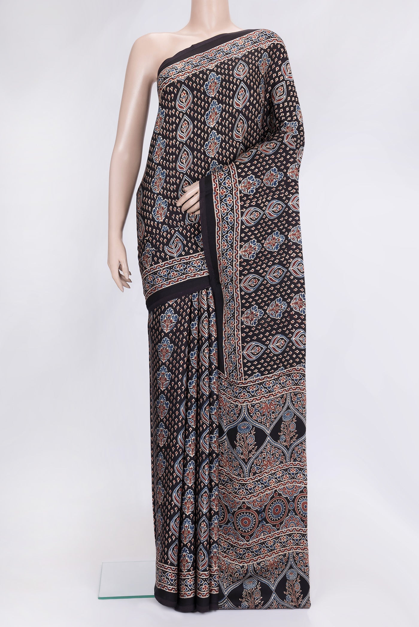 Brown Dual Tone Blended Satin Crepe Saree with Printed design on the body and Printed Border.  displayed on a mannequin