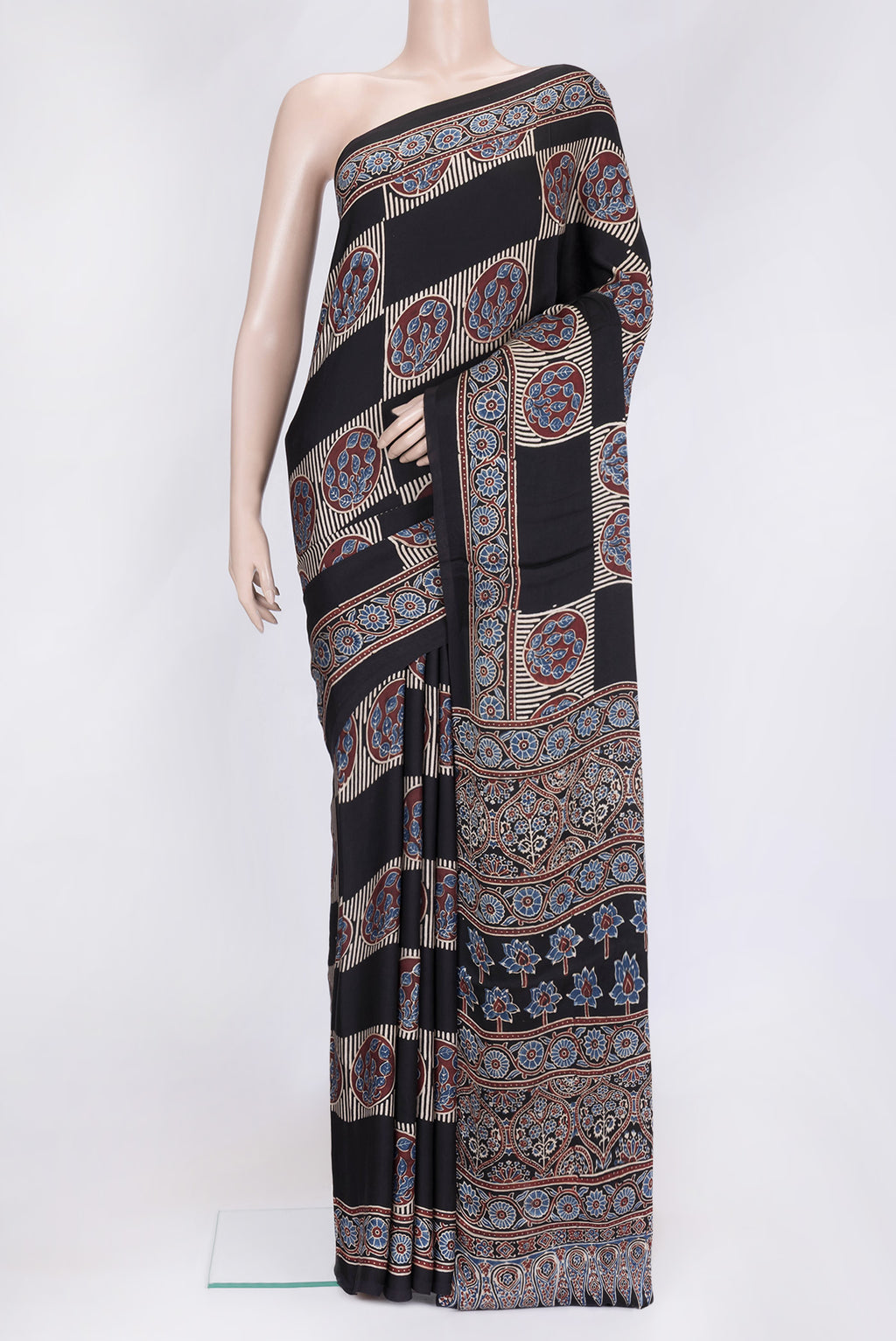 Black Dual Tone Blended Satin Crepe Saree with Printed design on the body and Printed Border.  displayed on a mannequin