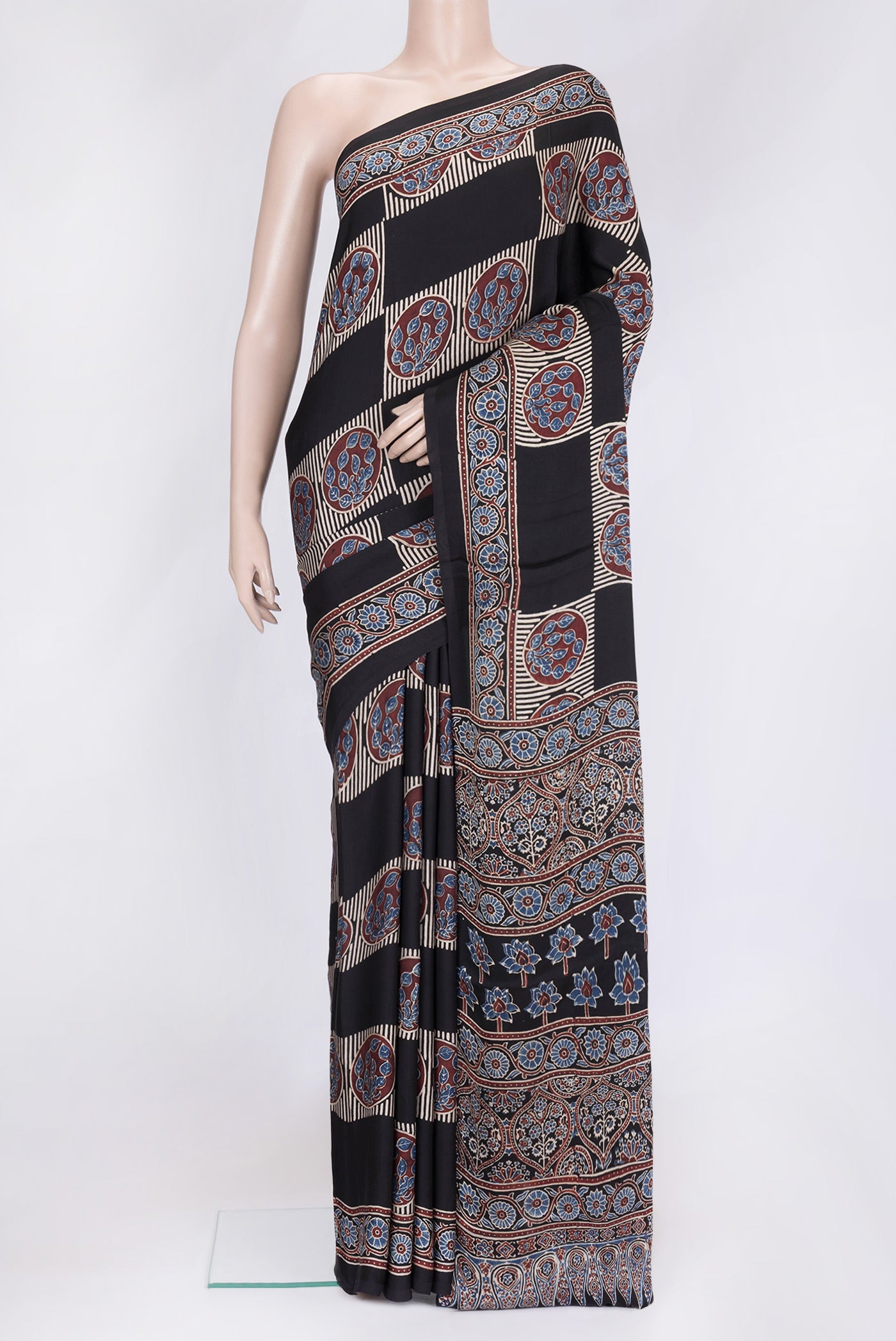 Black Dual Tone Blended Satin Crepe Saree with Printed design on the body and Printed Border.  displayed on a mannequin