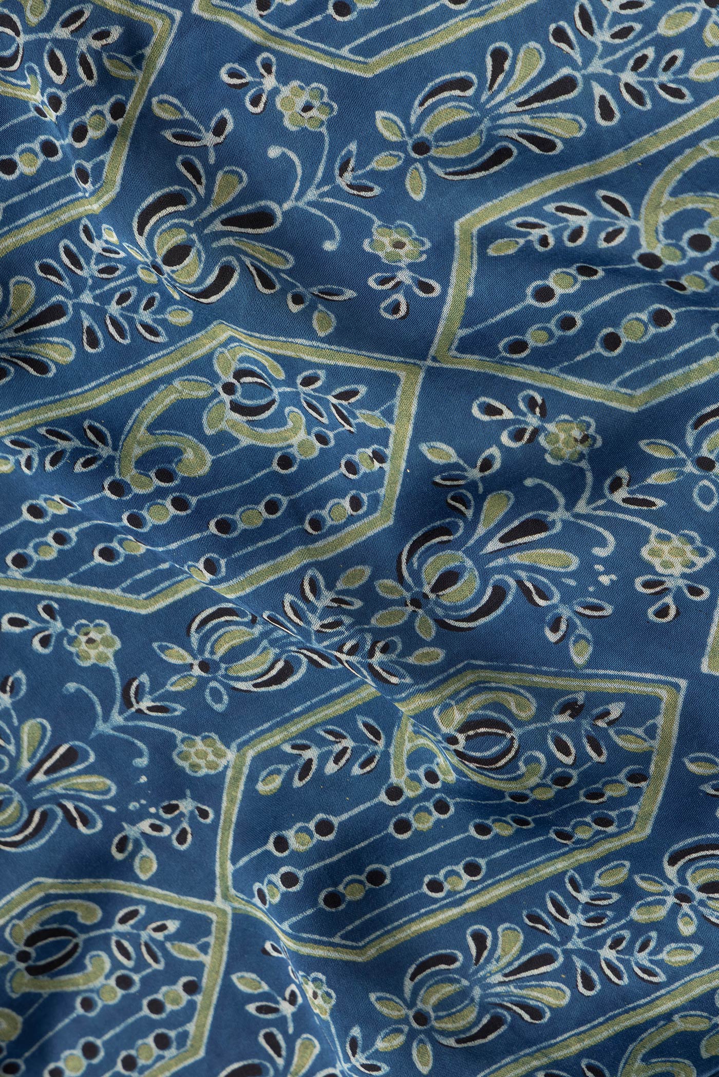 Close up of Blue Dual Tone Blended Satin Crepe Saree with Printed design on the body and Printed Border.  displaying folds