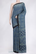 Blue Dual Tone Blended Satin Crepe Saree with Printed design on the body and Printed Border.  displayed on a mannequin