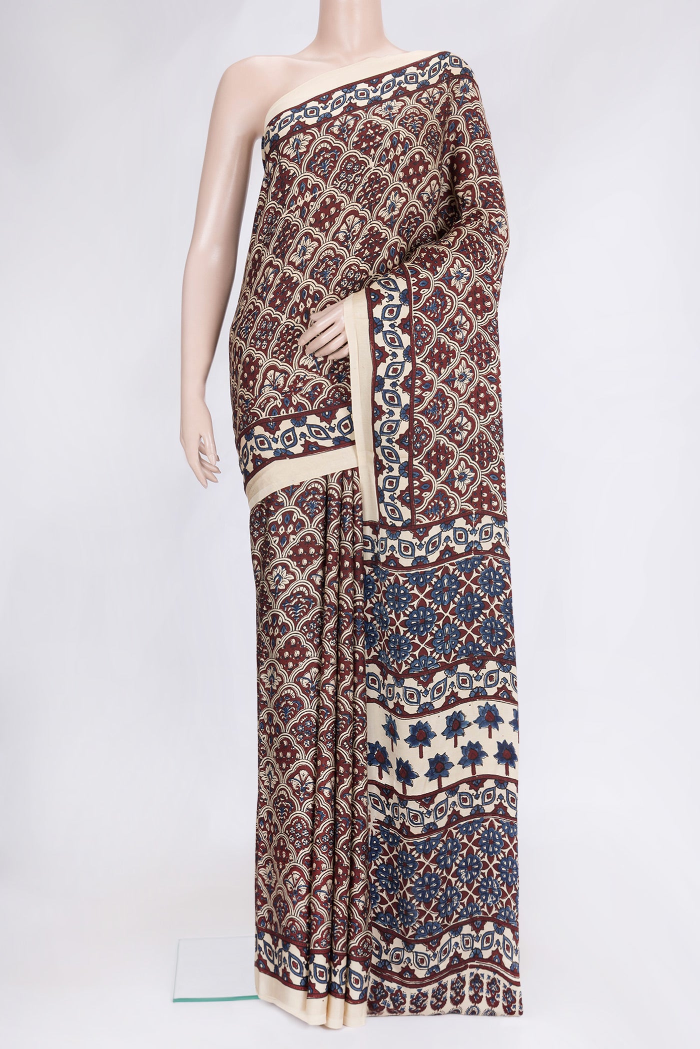 Beige Dual Tone Blended Satin Crepe Saree with Printed design on the body and Printed Border.  displayed on a mannequin