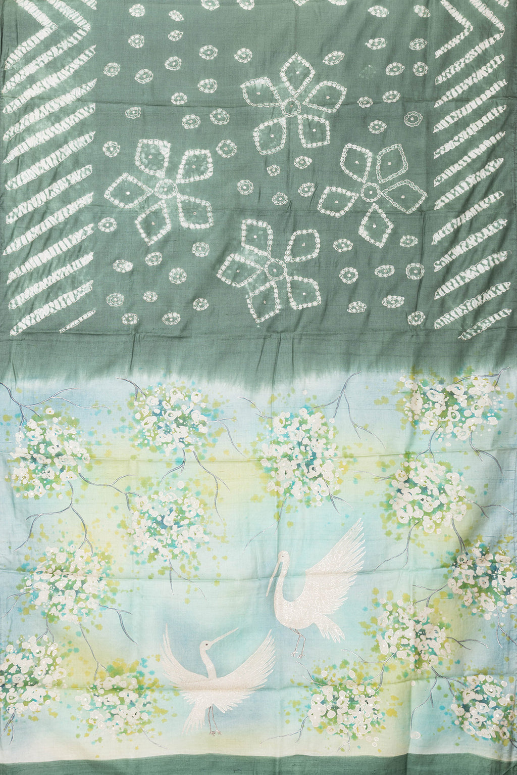Flat view of Mehandi Green Dual Tone Tussar Silk Saree with Embroidery on the body and Without Border. 