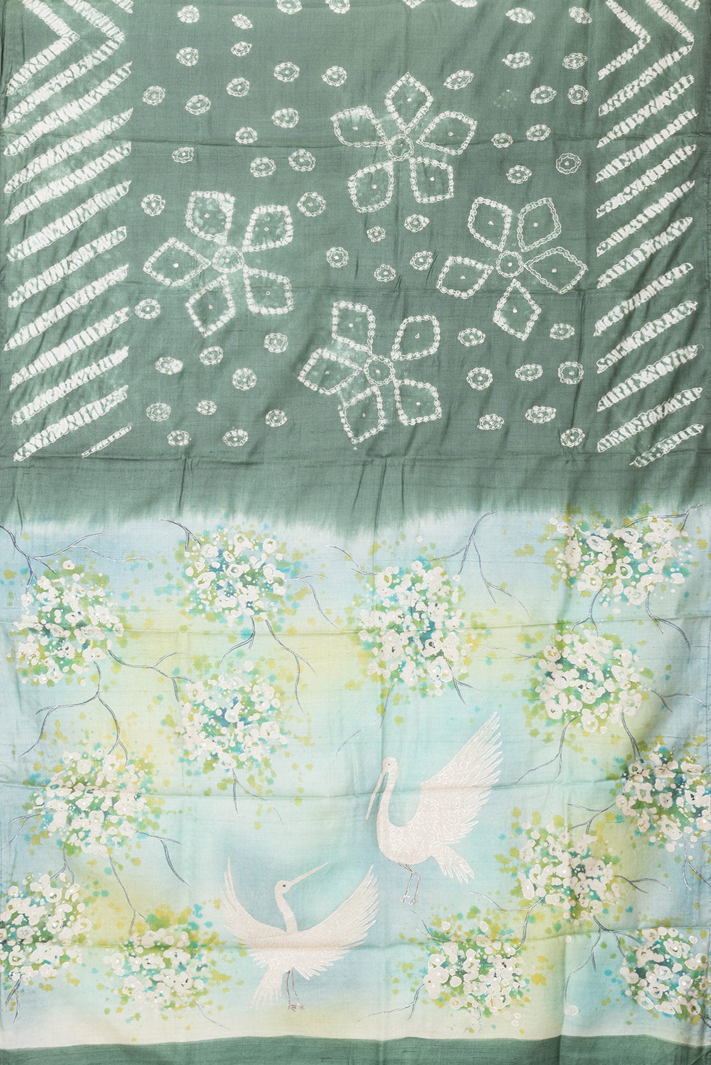 Flat view of Mehandi Green Dual Tone Tussar Silk Saree with Embroidery on the body and Without Border. 