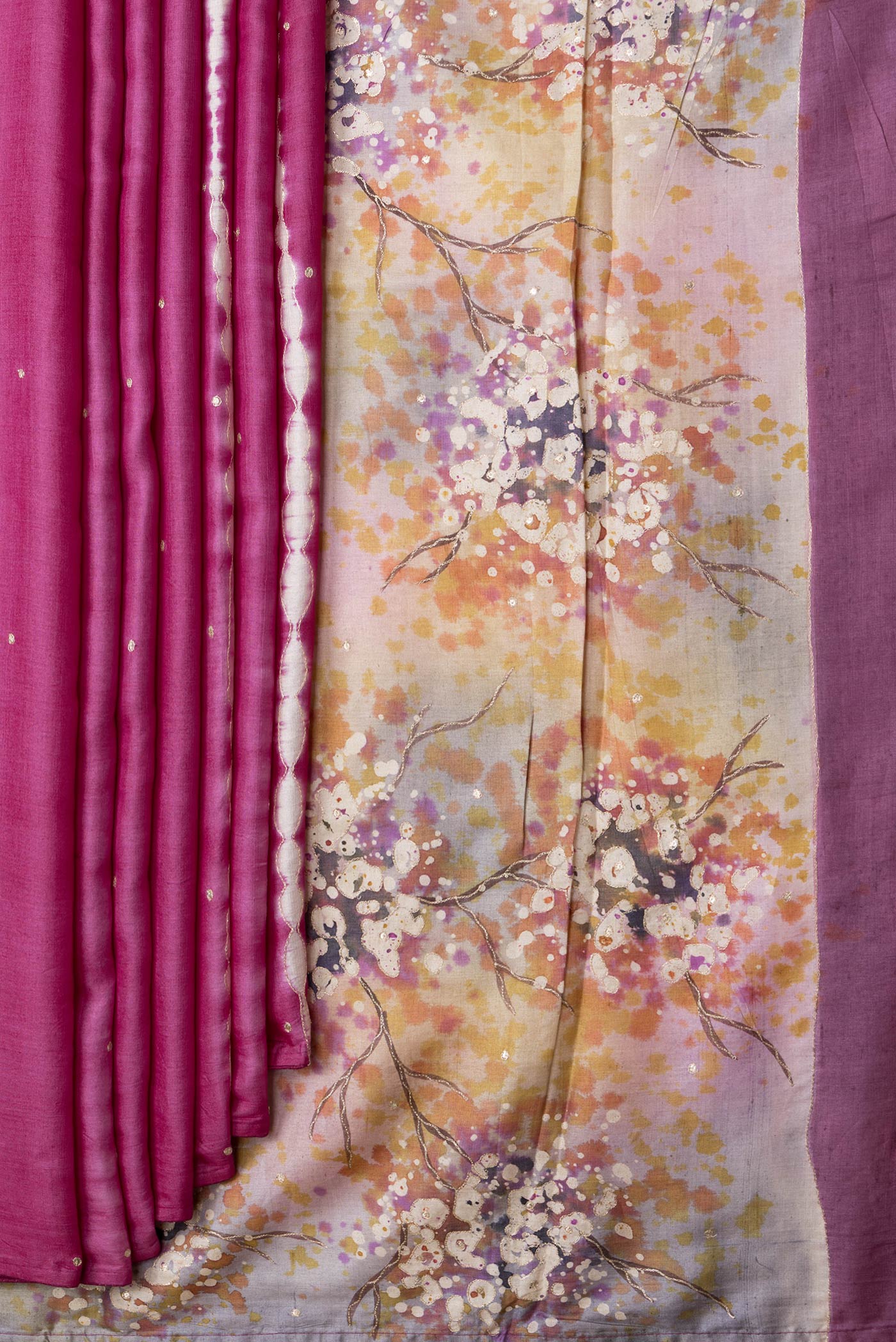 Pleats and pallu of Pink Dual Tone Tussar Silk Saree with Embroidery on the body and Without Border. 