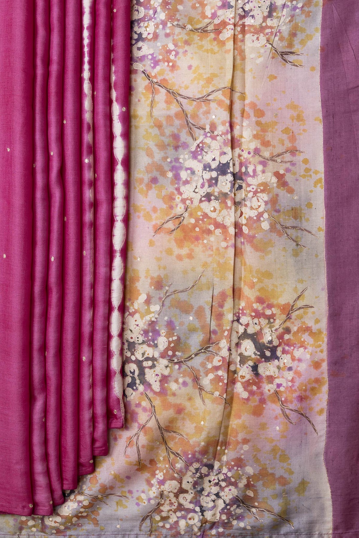 Pleats and pallu of Pink Dual Tone Tussar Silk Saree with Embroidery on the body and Without Border. 