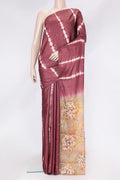 Maroon Dual Tone Tussar Silk Saree with Embroidery on the body and Without Border.  displayed on a mannequin