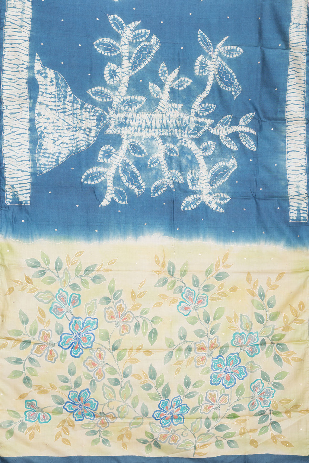 Flat view of Grey Dual Tone Tussar Silk Saree with Embroidery on the body and Fancy Border. 