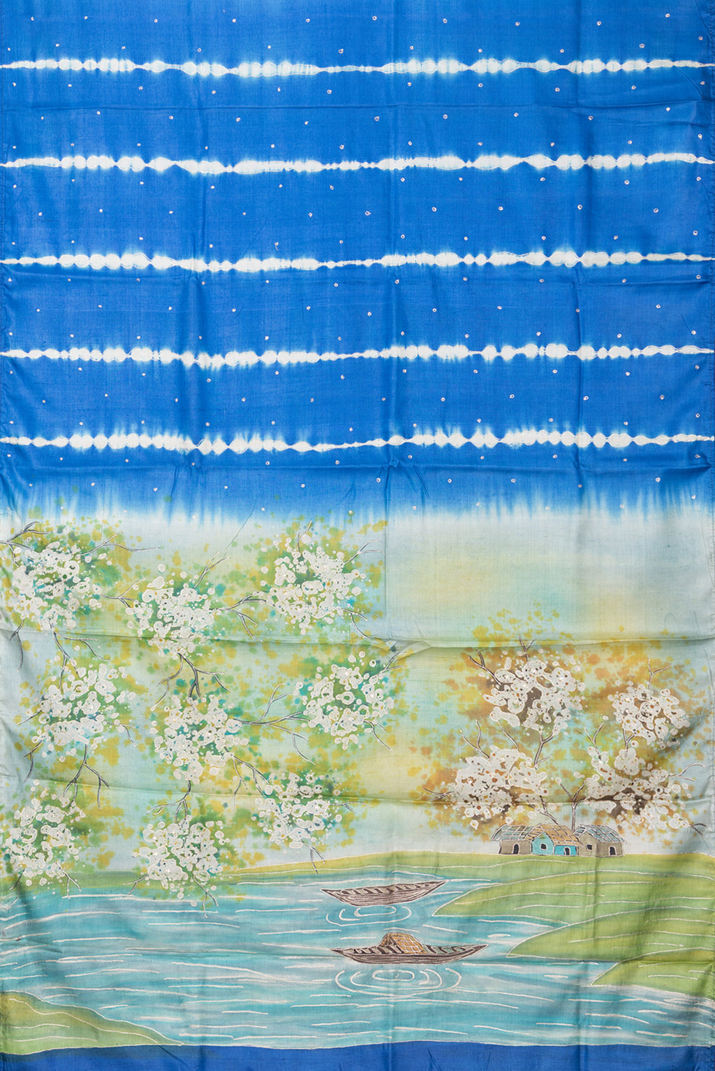 Flat view of Royal Blue Tussar Silk Saree with Embroidery on the body and Fancy Border. 