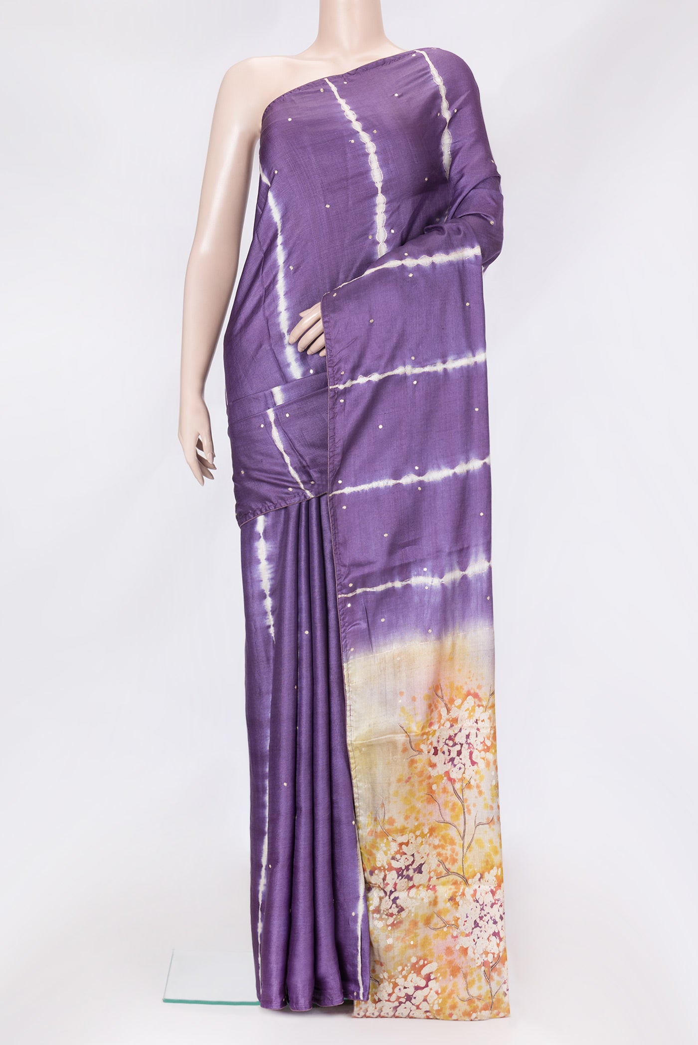 Purple Dual Tone Tussar Silk Saree with Embroidery on the body and Without Border.  displayed on a mannequin