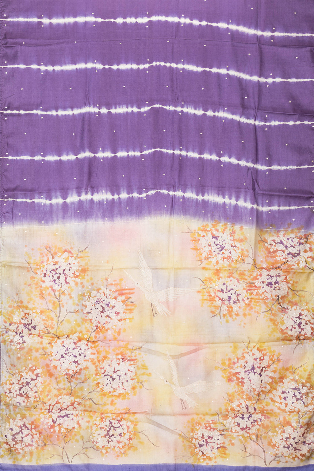 Flat view of Purple Dual Tone Tussar Silk Saree with Embroidery on the body and Without Border. 
