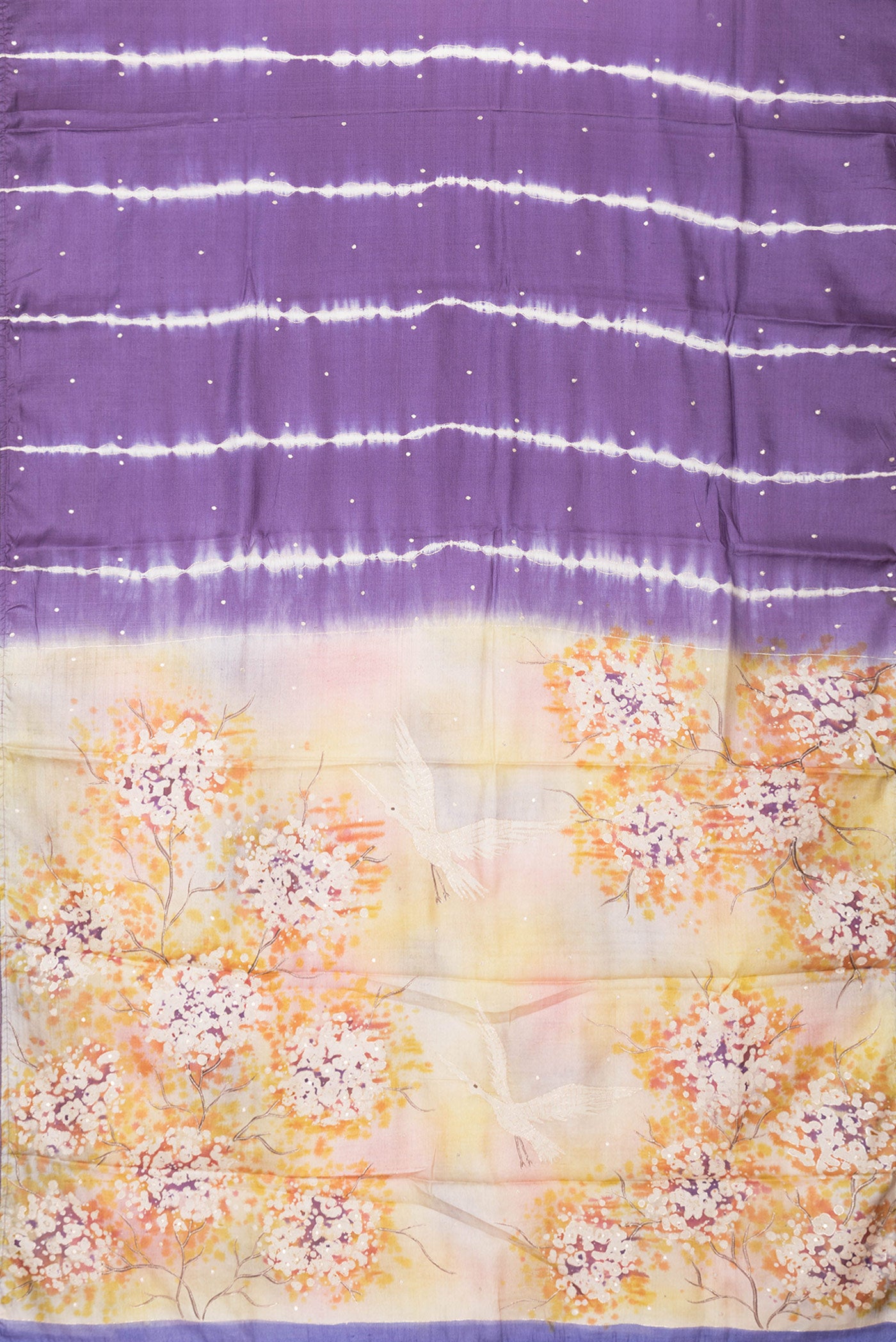 Flat view of Purple Dual Tone Tussar Silk Saree with Embroidery on the body and Without Border. 