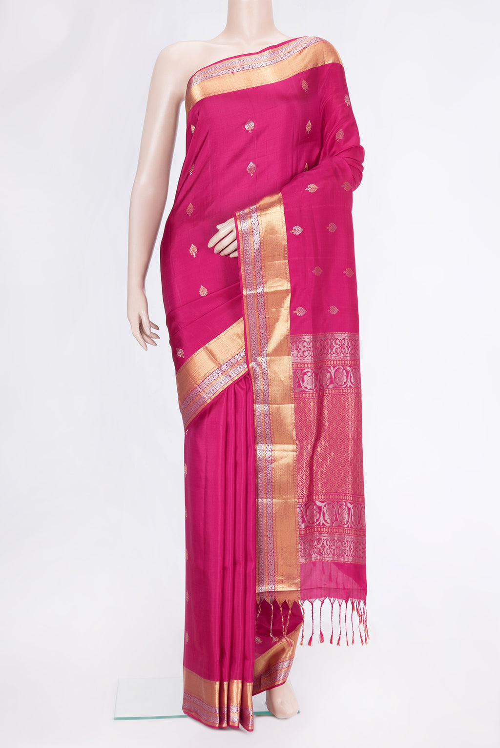 Dark Pink Dual Tone Soft Silk Saree with Zari Butta on the body and Zari Border.  displayed on a mannequin