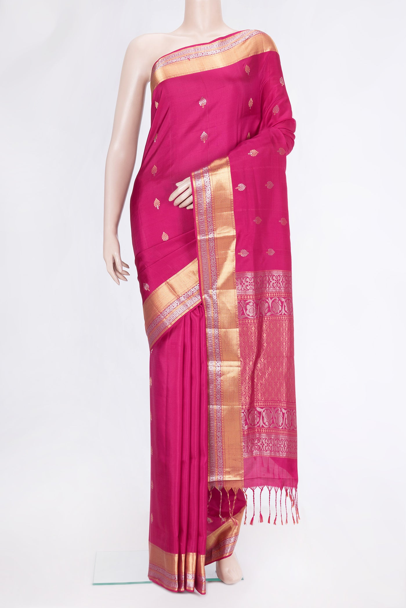 Dark Pink Dual Tone Soft Silk Saree with Zari Butta on the body and Zari Border.  displayed on a mannequin