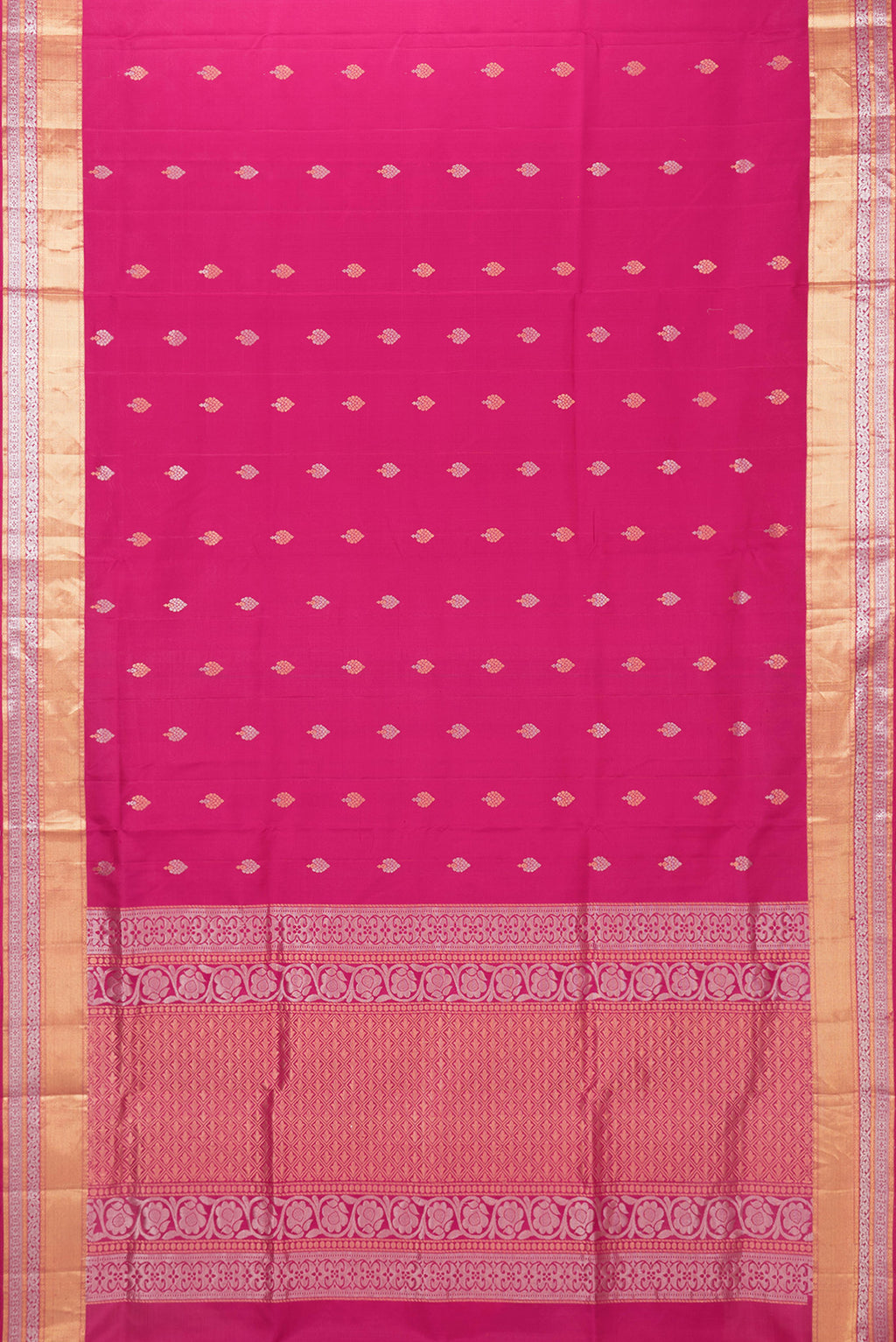 Flat view of Dark Pink Dual Tone Soft Silk Saree with Zari Butta on the body and Zari Border. 