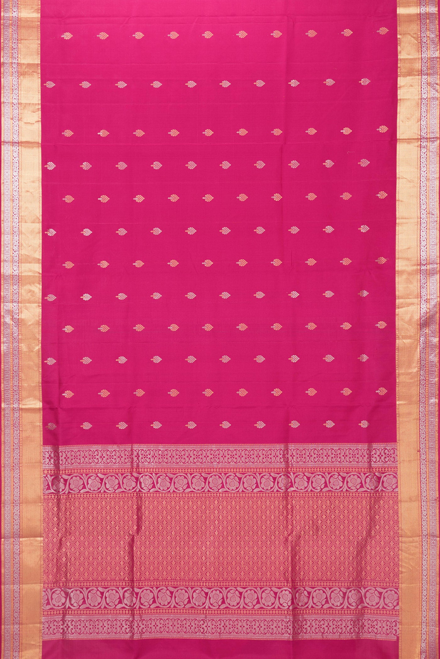 Flat view of Dark Pink Dual Tone Soft Silk Saree with Zari Butta on the body and Zari Border. 