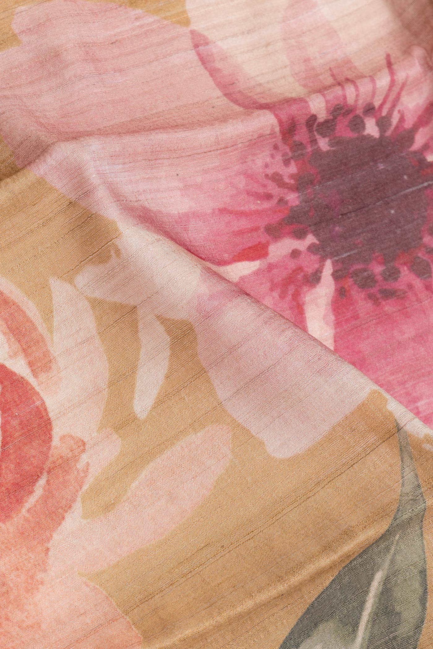 Close up of Mustard Dual Tone Tussar Silk Saree with Printed design on the body and Thin Zari Line.  displaying folds