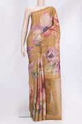 Mustard Dual Tone Tussar Silk Saree with Printed design on the body and Thin Zari Line.  displayed on a mannequin