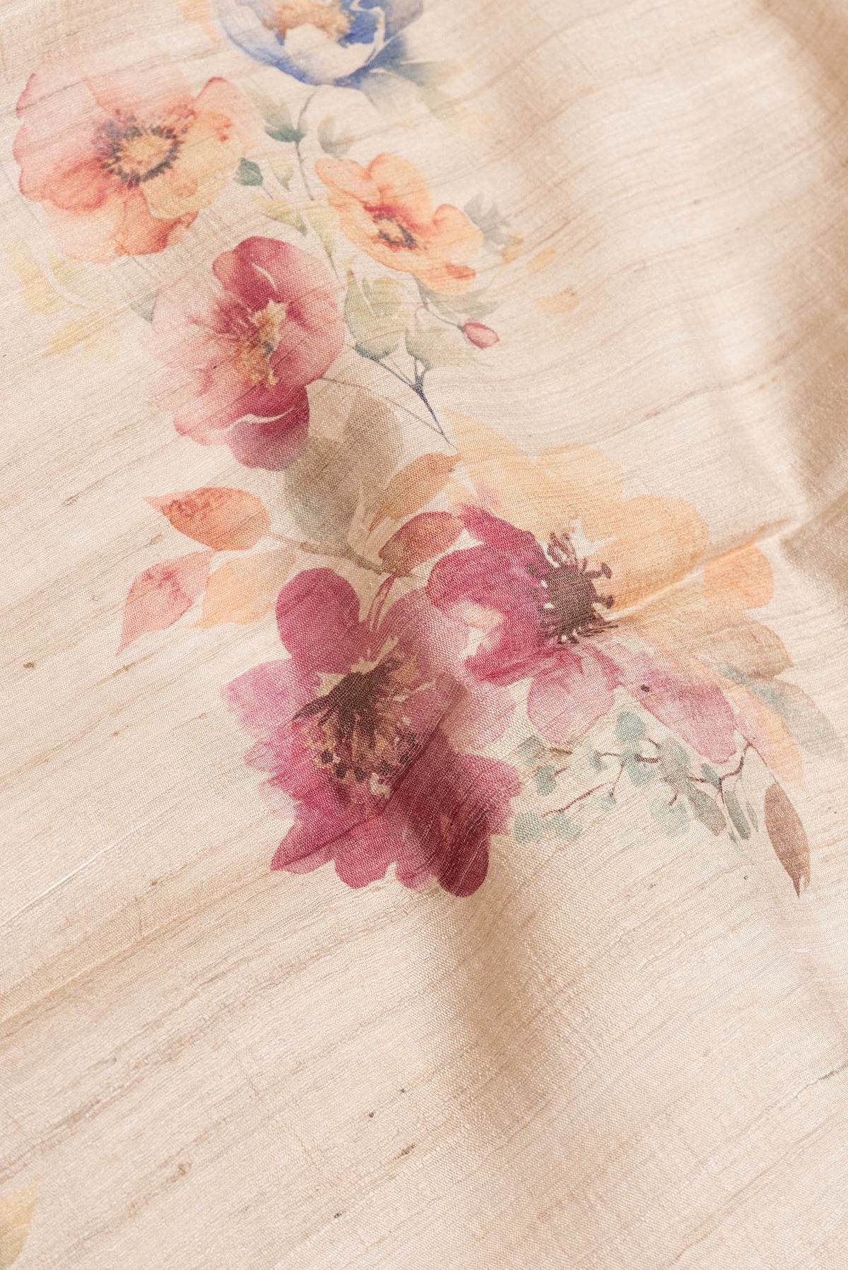 Close up of Beige Dual Tone Tussar Silk Saree with Printed design on the body and Zari Border.  displaying folds