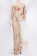 Beige Dual Tone Tussar Silk Saree with Printed design on the body and Zari Border.  displayed on a mannequin