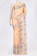 Sandal Dual Tone Tussar Silk Saree with Printed design on the body and Zari Border.  displayed on a mannequin
