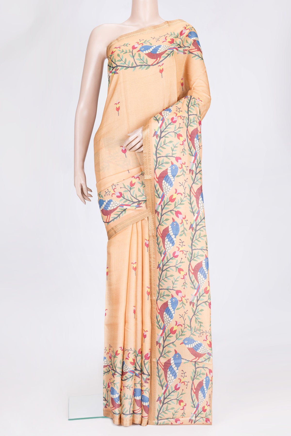 Sandal Dual Tone Tussar Silk Saree with Printed design on the body and Zari Border.  displayed on a mannequin