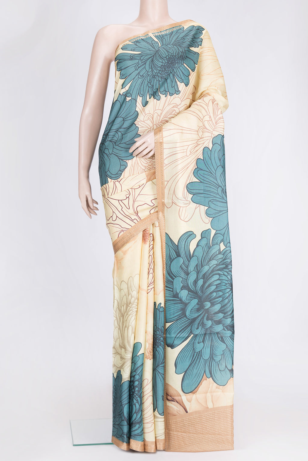 Sandal Dual Tone Tussar Silk Saree with Printed design on the body and Zari Border.  displayed on a mannequin