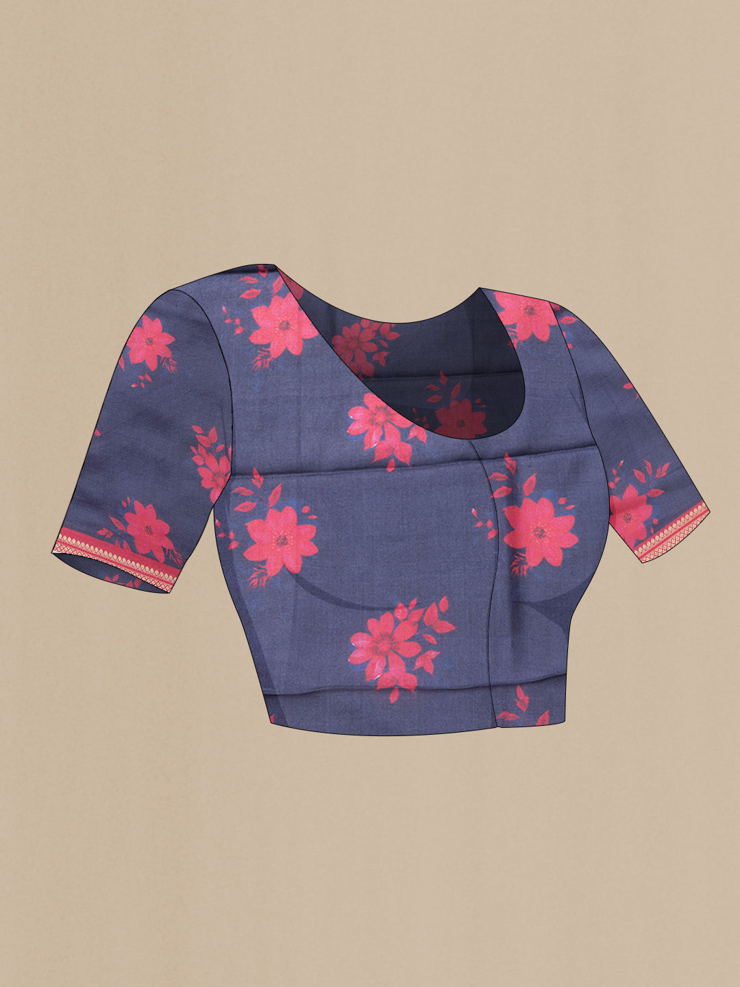 Close up image of the blouse of Navy Blue Dual Tone Tussar Silk Saree with Printed design on the body and Zari Border. 