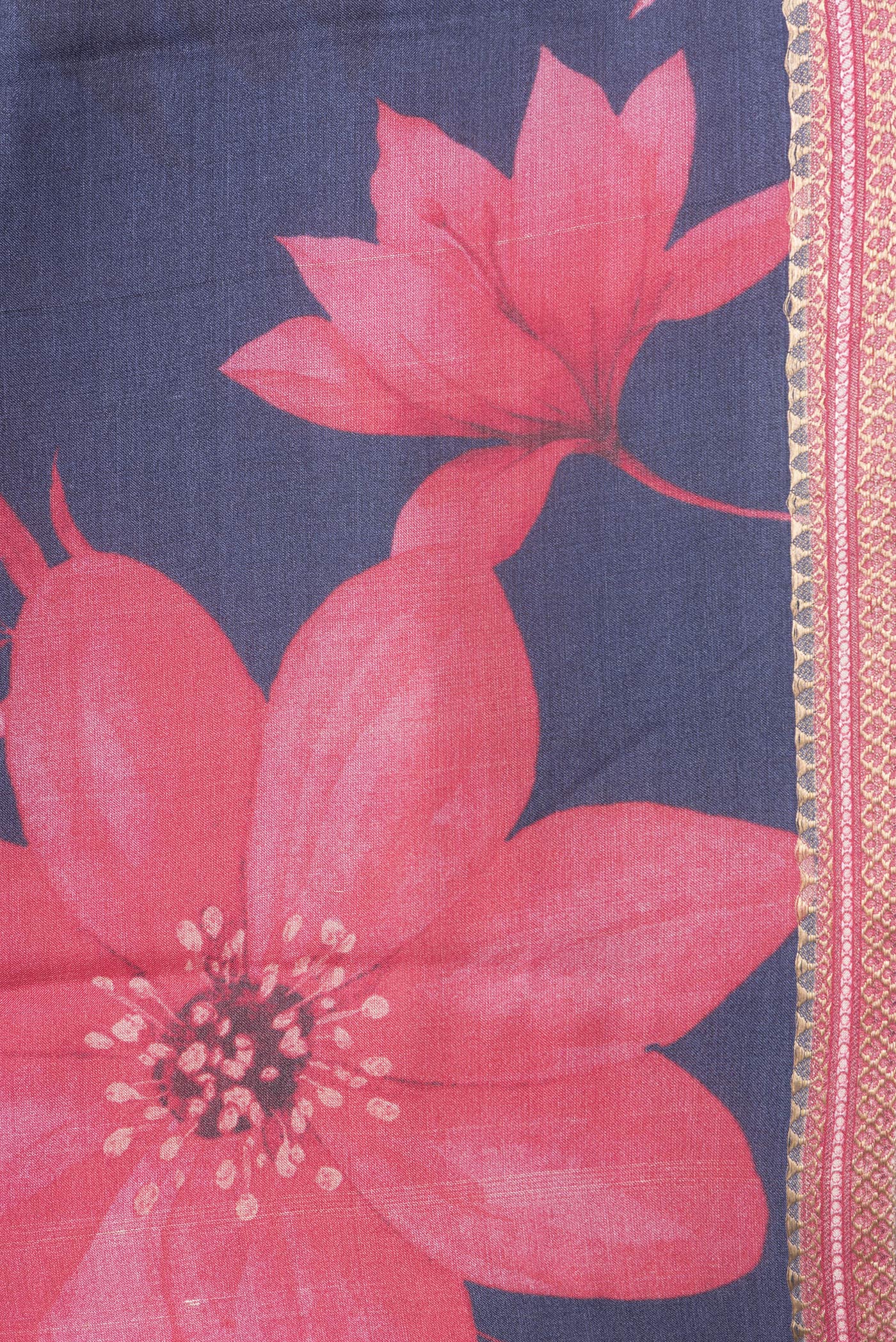 Border image of Navy Blue Dual Tone Tussar Silk Saree with Printed design on the body and Zari Border. 