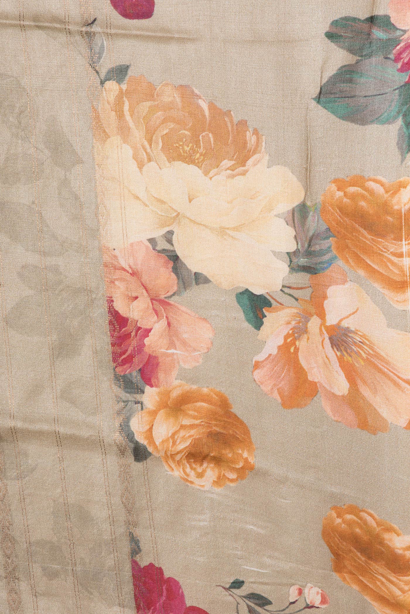 Border image of Beige Dual Tone Tussar Silk Saree with Stripes on the body and Printed Border. 