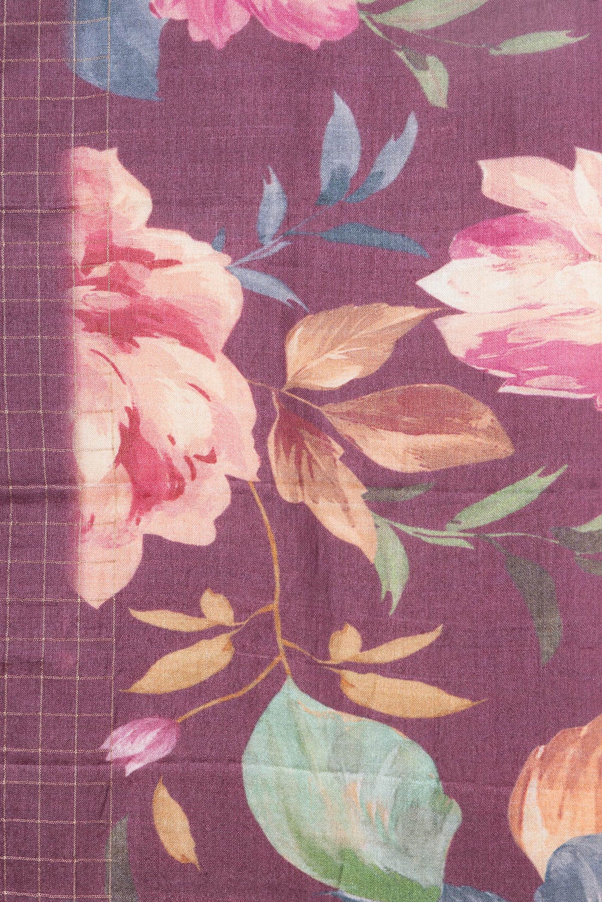 Border image of Burgundy Dual Tone Tussar Silk Saree with Checked design on the body and Zari Border. 