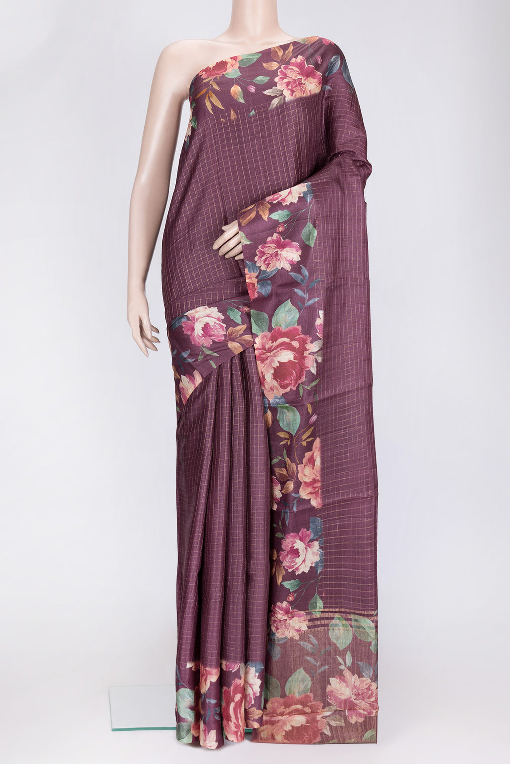 Burgundy Dual Tone Tussar Silk Saree with Checked design on the body and Zari Border.  displayed on a mannequin