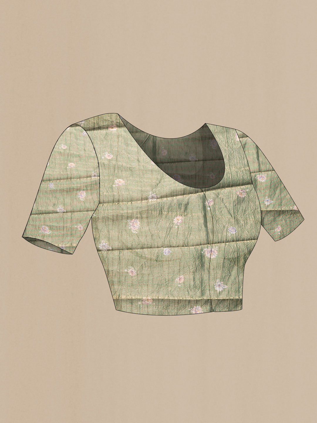 Close up image of the blouse of Bottle Green Dual Tone Tussar Silk Saree with Checked design on the body and Printed Border. 