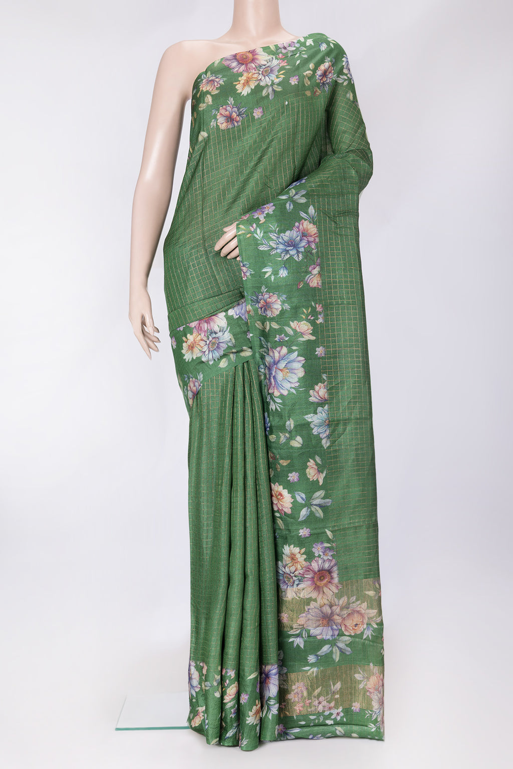 Bottle Green Dual Tone Tussar Silk Saree with Checked design on the body and Printed Border.  displayed on a mannequin