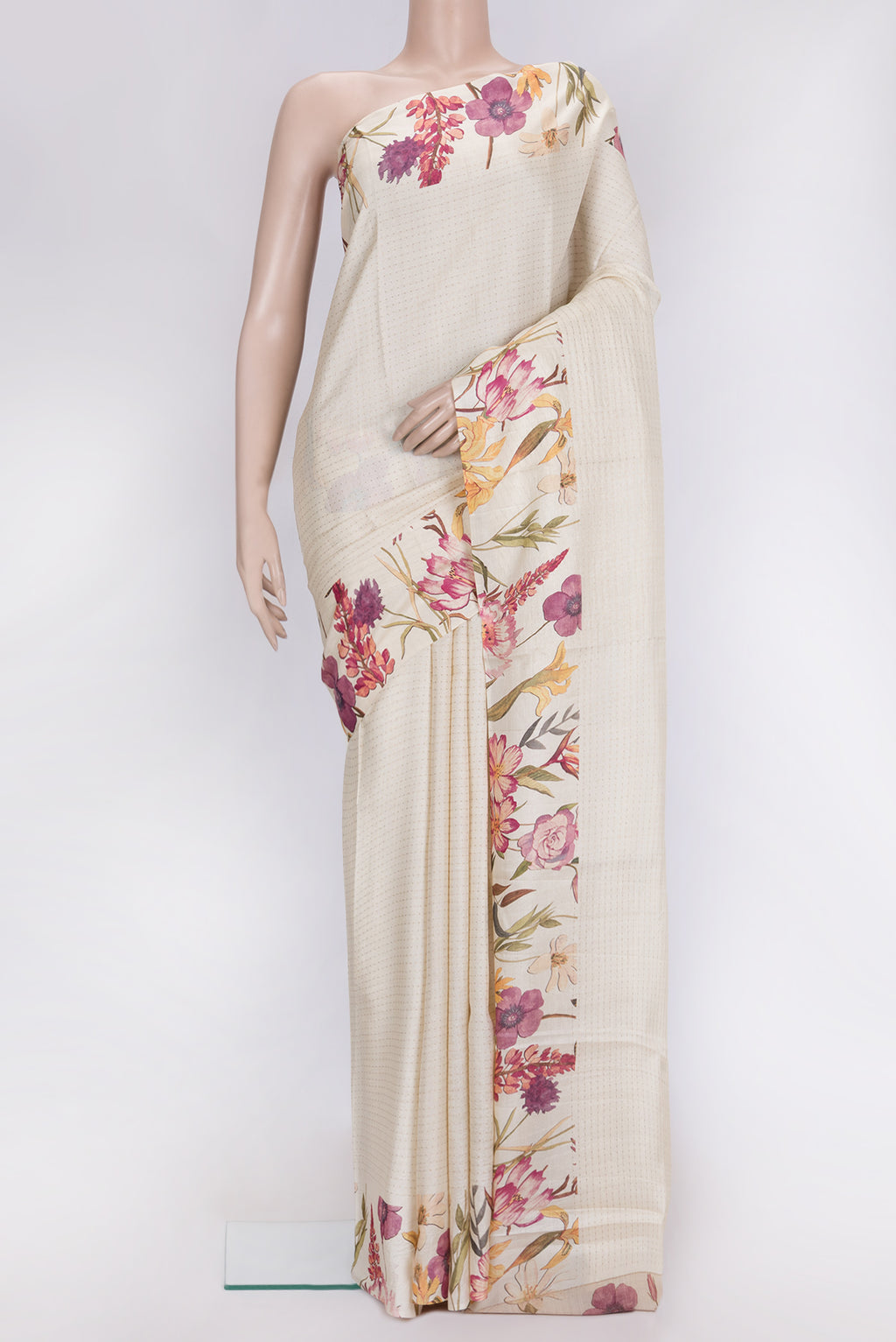 Off White Dual Tone Tussar Silk Saree with Stripes on the body and Printed Border.  displayed on a mannequin