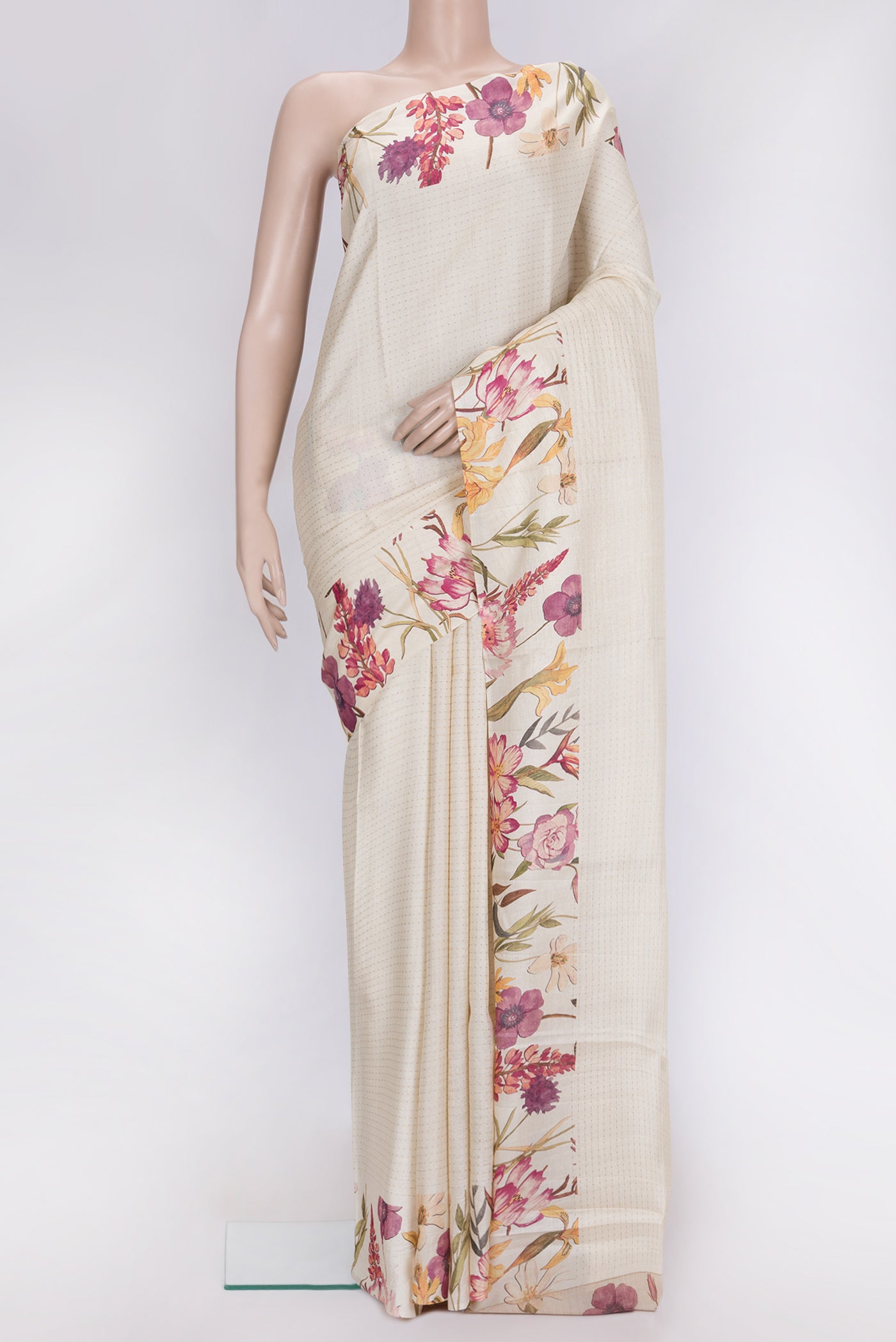 Off White Dual Tone Tussar Silk Saree with Stripes on the body and Printed Border.  displayed on a mannequin