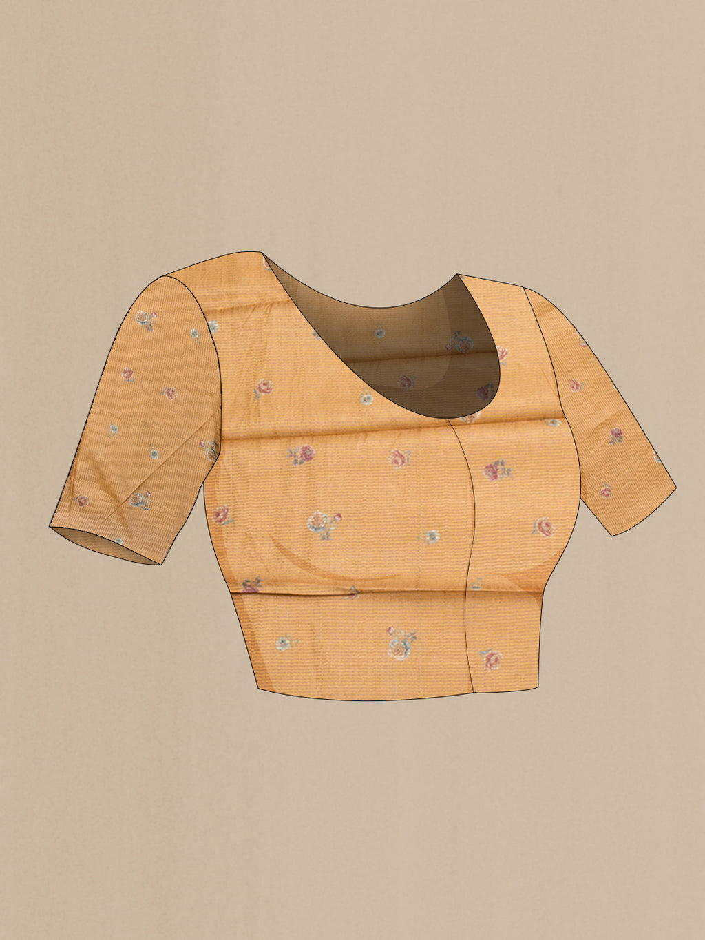 Close up image of the blouse of Sandal Tussar Silk Saree with Stripes on the body and Fancy Border. 