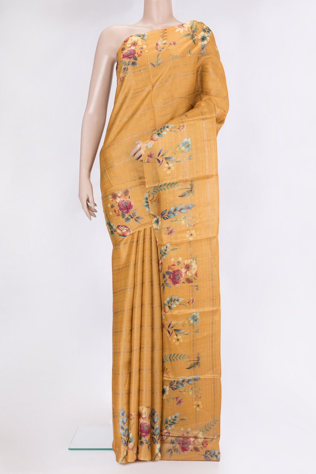 Sandal Tussar Silk Saree with Stripes on the body and Fancy Border.  displayed on a mannequin