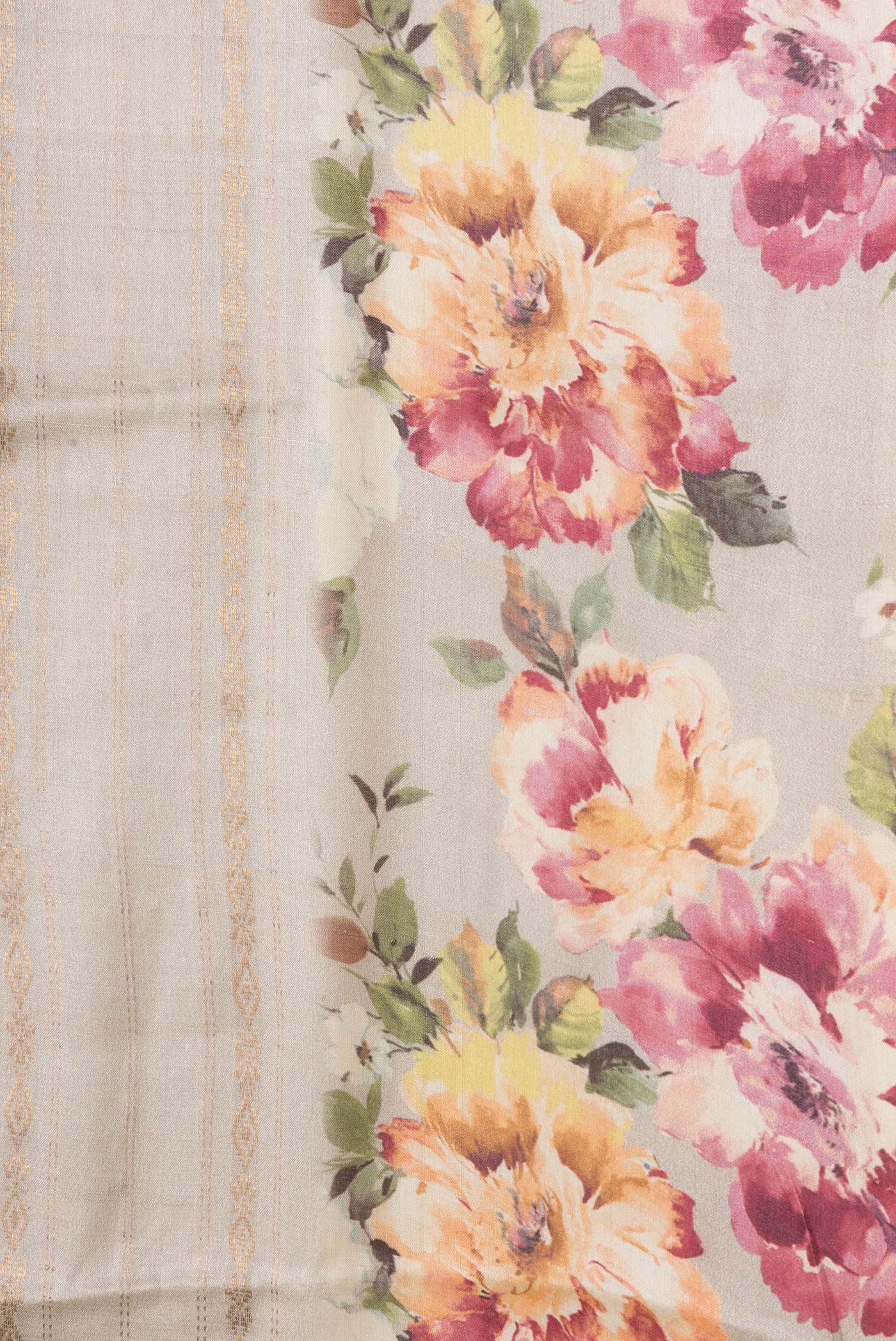 Border image of Beige Dual Tone Tussar Silk Saree with Stripes on the body and Printed Border. 
