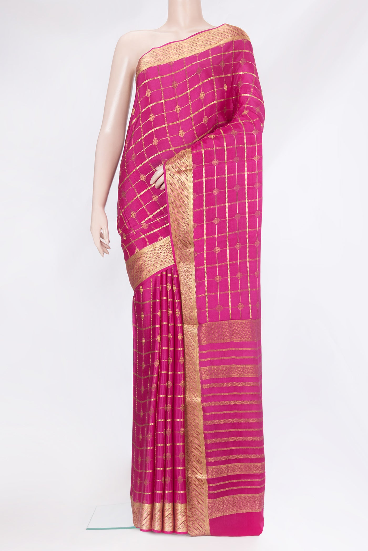 Pink Mysore Silk Saree with Checked design on the body and Zari Border.  displayed on a mannequin