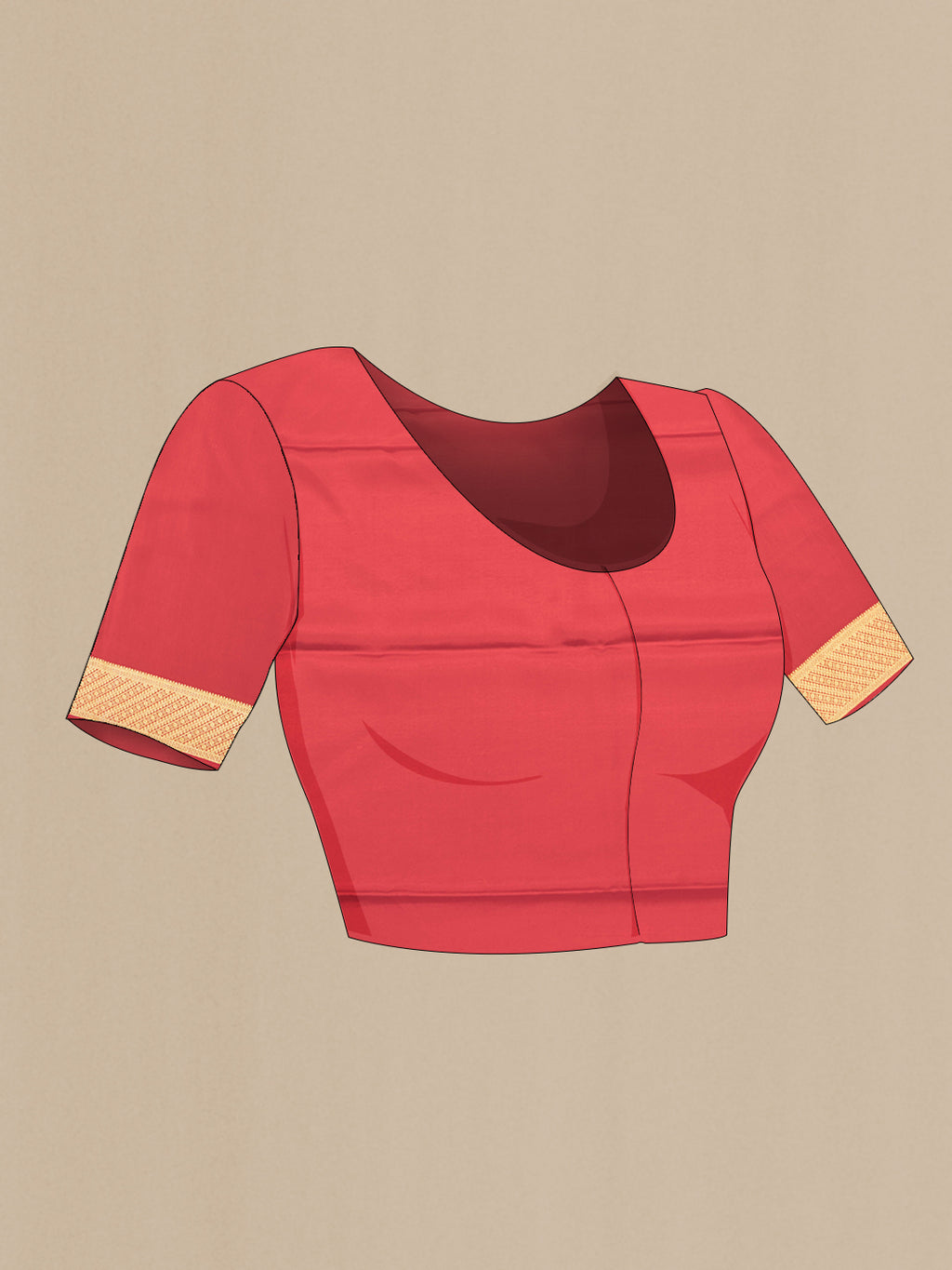 Close up image of the blouse of Red Dual Tone Mysore Silk Saree with Checked design on the body and Zari Border. 