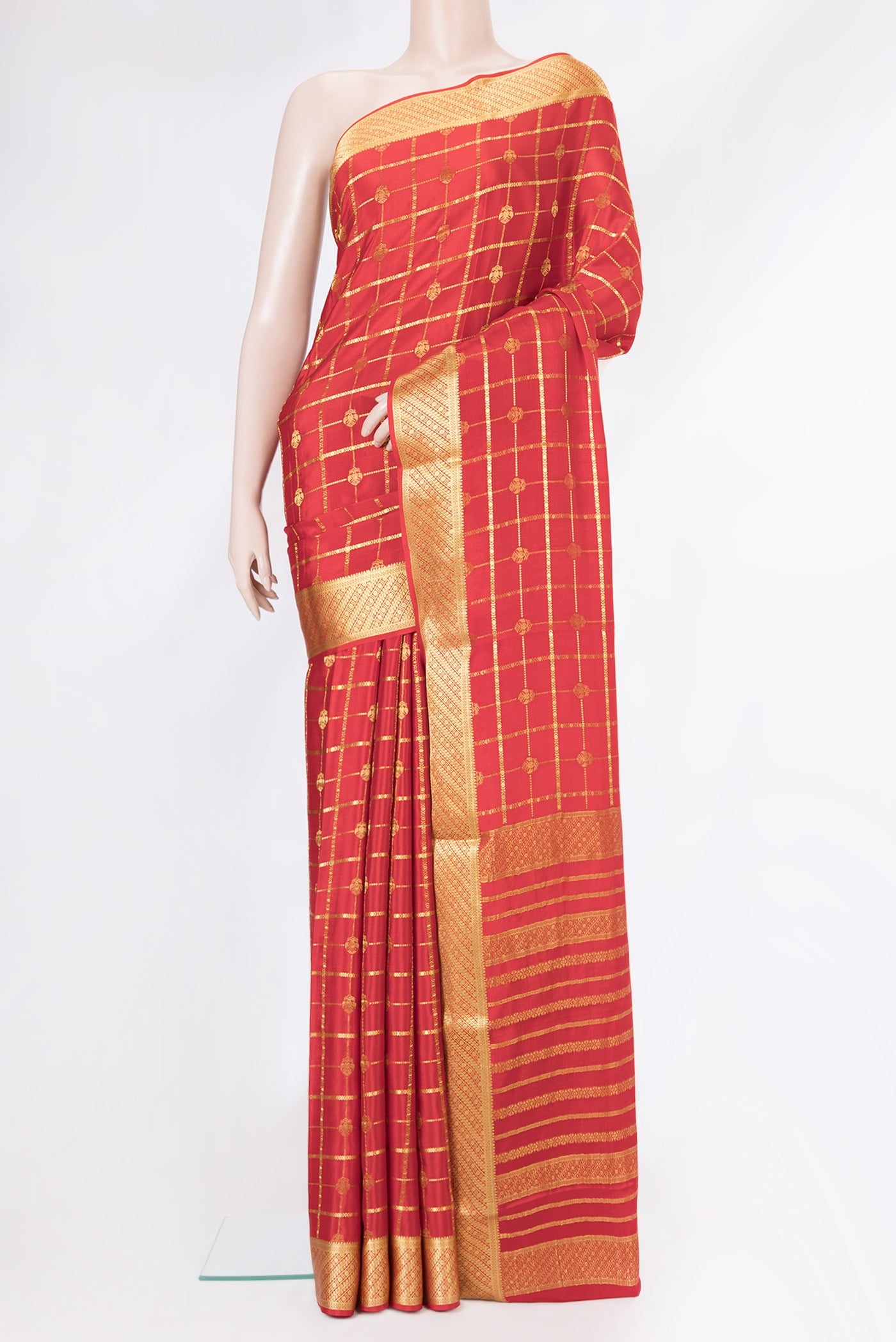 Red Dual Tone Mysore Silk Saree with Checked design on the body and Zari Border.  displayed on a mannequin