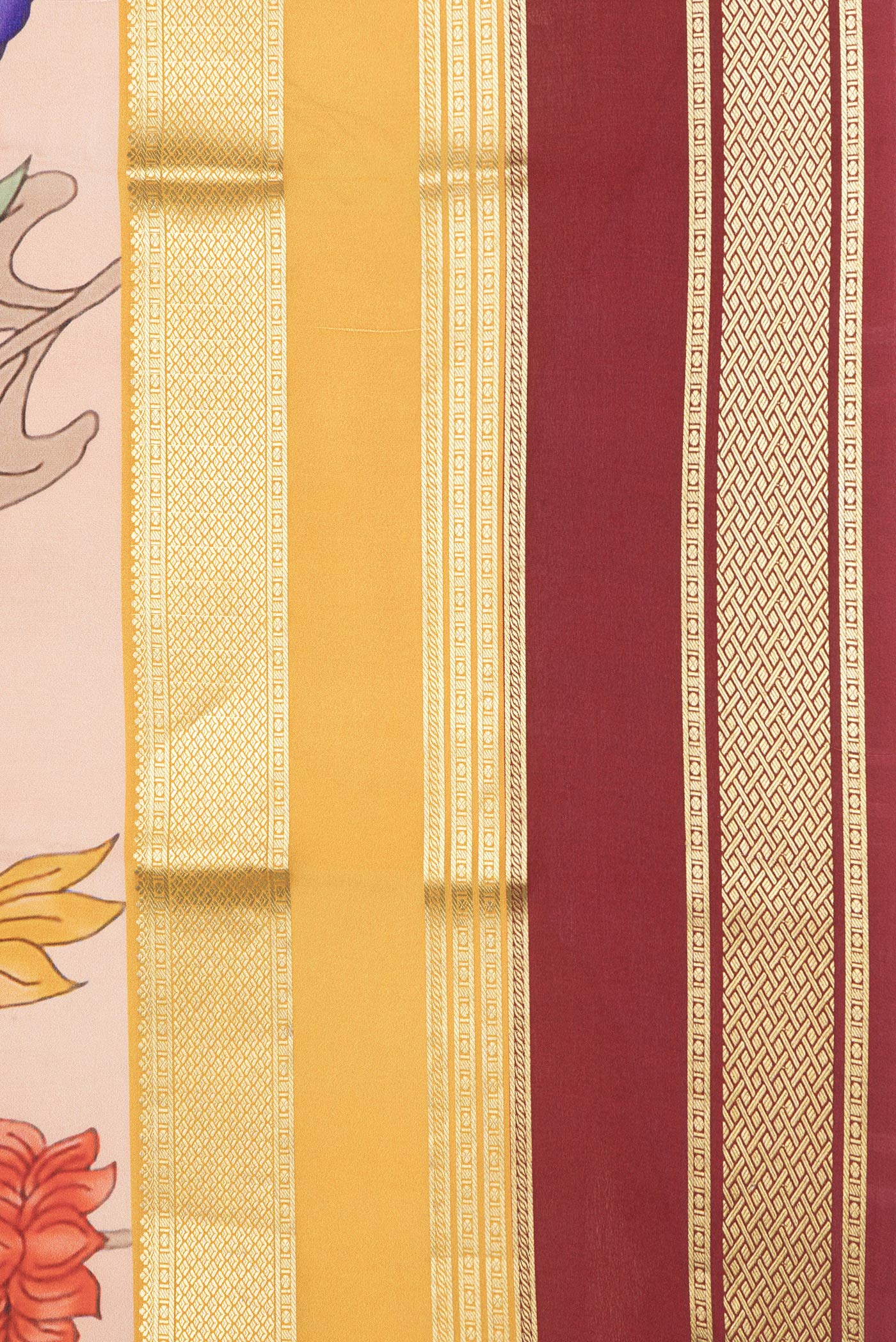 Border image of Peach Dual Tone Mysore Silk Saree with Printed design on the body and Zari Border. 