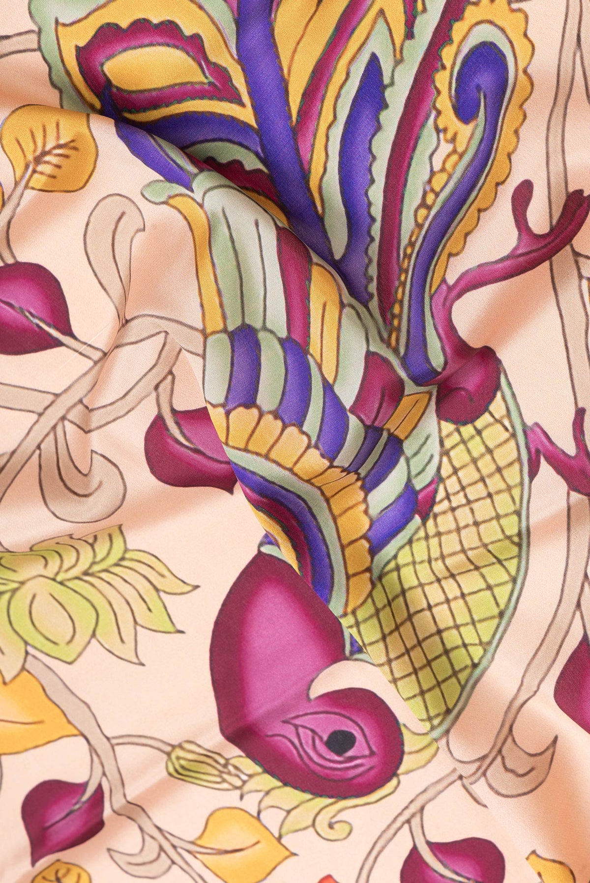 Close up of Peach Dual Tone Mysore Silk Saree with Printed design on the body and Zari Border.  displaying folds
