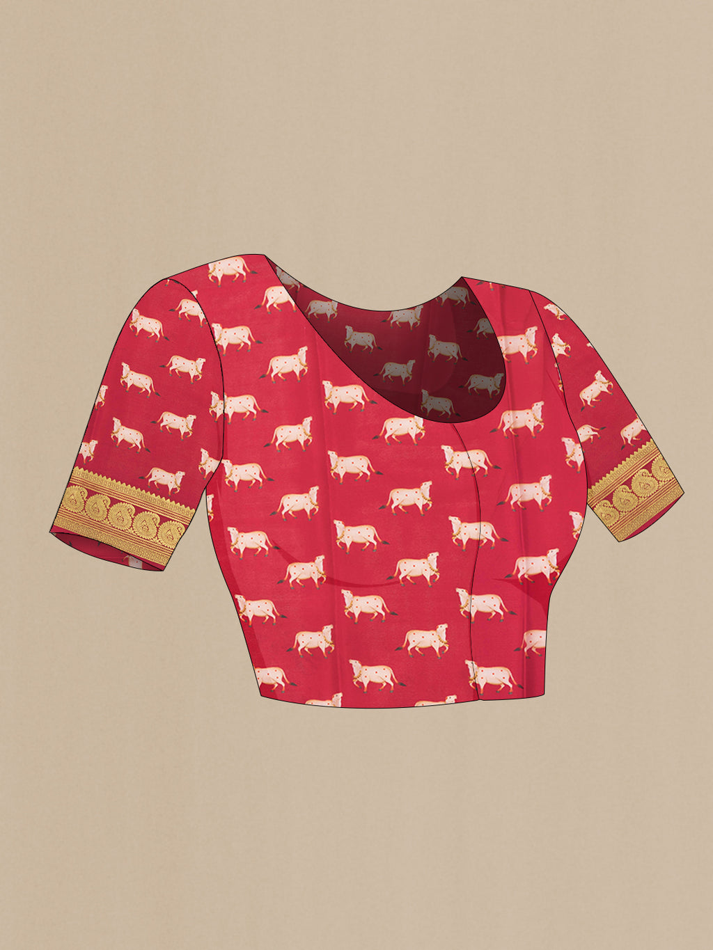 Close up image of the blouse of Dark Pink Dual Tone Mysore Silk Saree with Plain Body and Fancy Border. 
