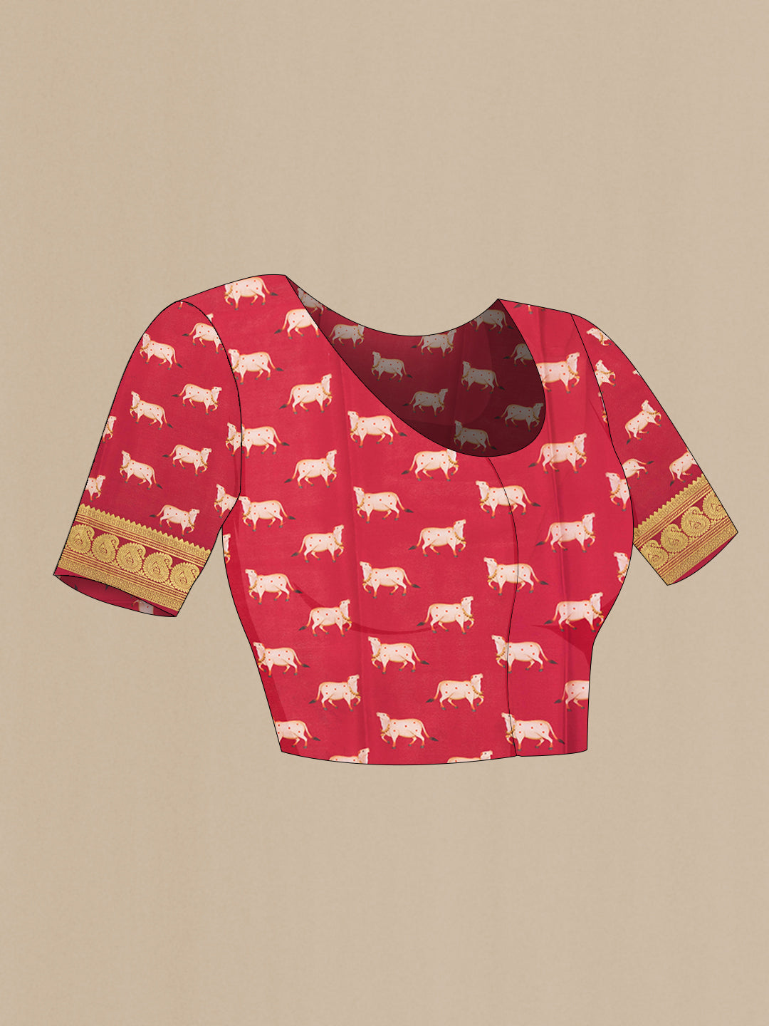 Close up image of the blouse of Dark Pink Dual Tone Mysore Silk Saree with Plain Body and Fancy Border. 